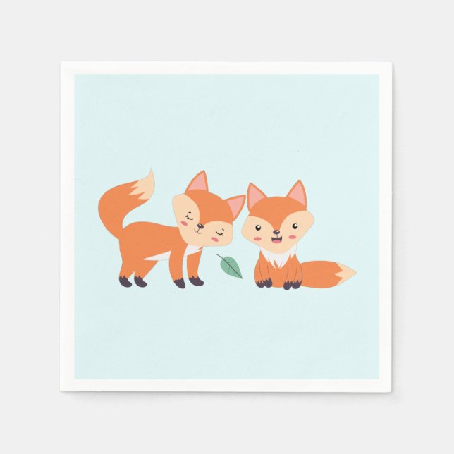 Cute Orange Foxes Graphic Illustration Napkin (Front)