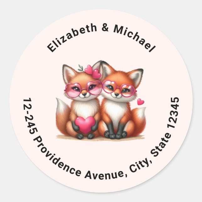 Cute Orange Foxes in Love Address Classic Round Sticker (Front)