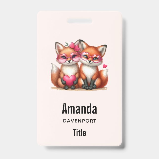 Cute Orange Foxes in Love ID Badge (Front)