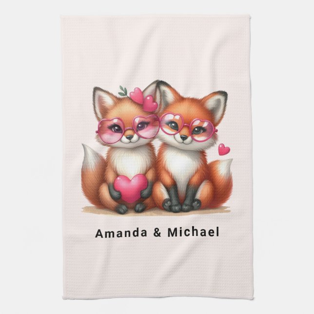 Cute Orange Foxes in Love Tea Towel (Vertical)