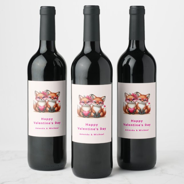 Cute Orange Foxes in Love Valentine's Day Wine Label (Bottles)