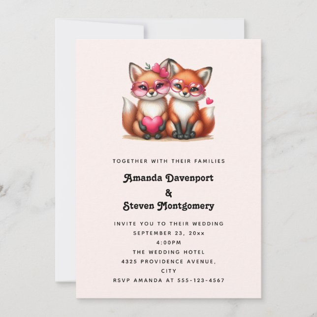 Cute Orange Foxes in Love Wedding Invitation (Front)
