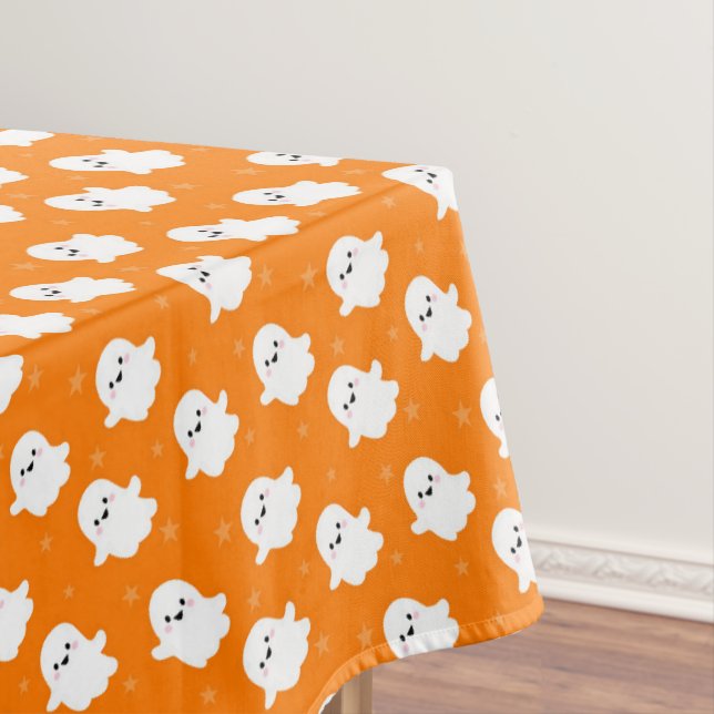 Cute Orange Ghost Pattern – Halloween Design Tablecloth (In Situ)