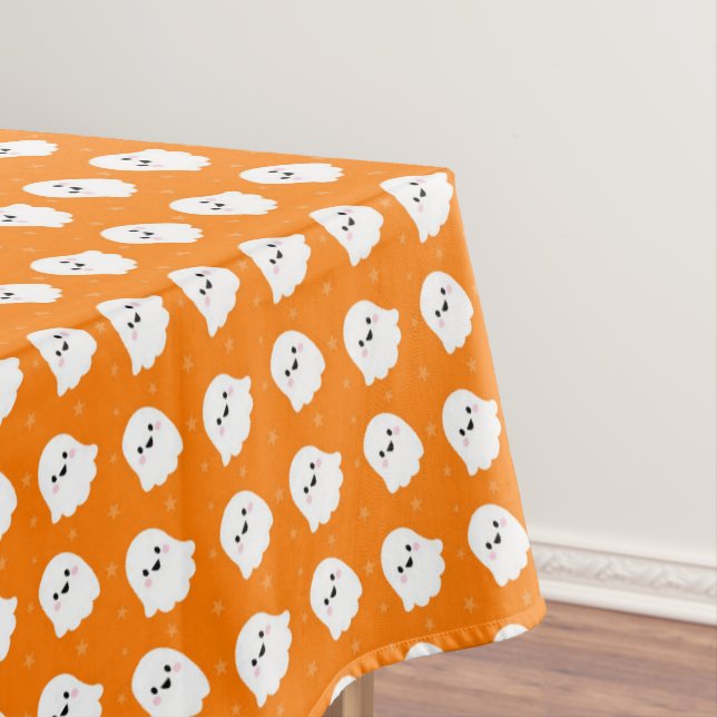 Cute Orange Ghost Pattern – Halloween Design Tablecloth (In Situ)