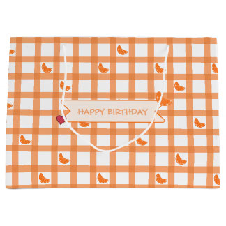 Cute Orange Gingham Happy Birthday Large Gift Bag