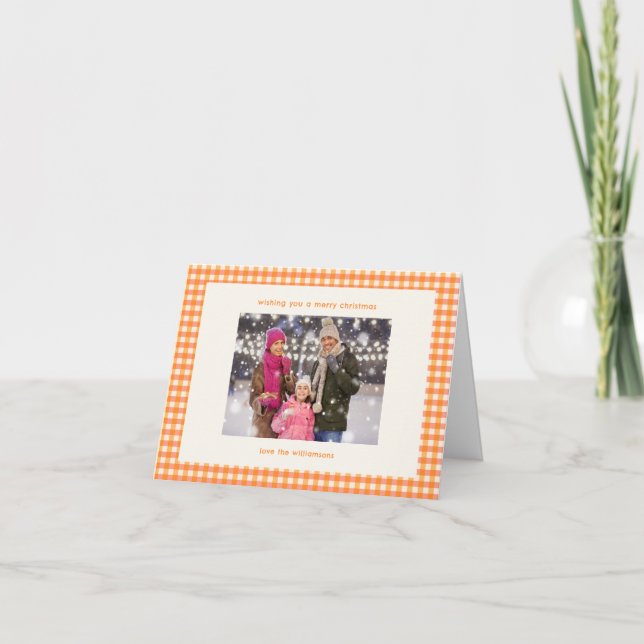 Cute Orange Gingham Plaid Photo Christmas Folded Holiday Card (Front)