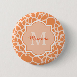 Cute Orange Giraffe Print Monogram and Name 6 Cm Round Badge