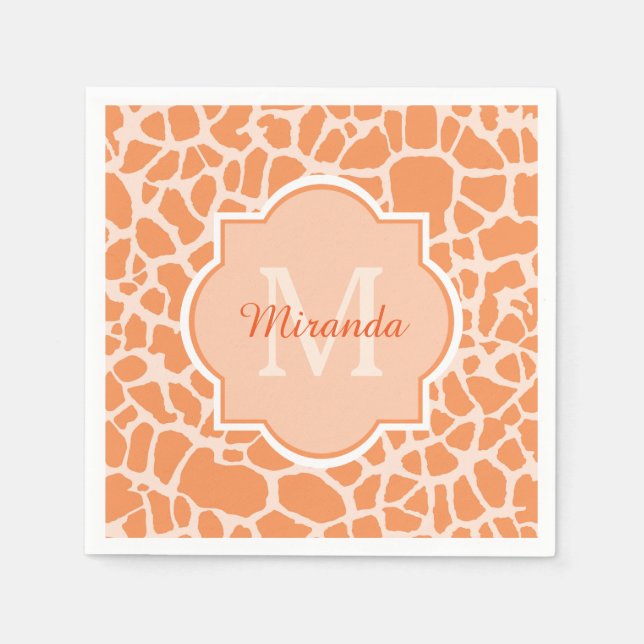 Cute Orange Giraffe Print Monogram and Name Napkin (Front)