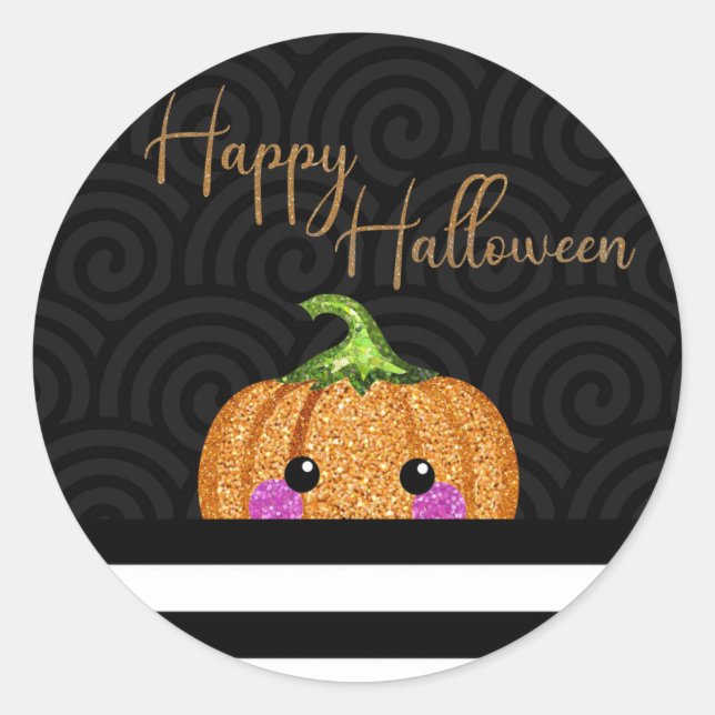 Cute orange glitter pumpkin Halloween party favour Classic Round Sticker (Front)