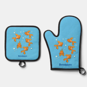 Cute orange goldfish cartoon illustration oven mitt & pot holder set