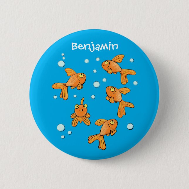 Cute orange goldfish on blue cartoon illustration 6 cm round badge (Front)
