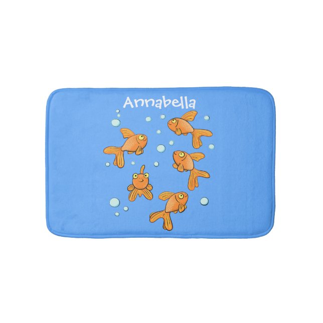 Cute orange goldfish on blue cartoon illustration bath mat (Front)