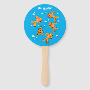 Cute orange goldfish on blue cartoon illustration hand fan