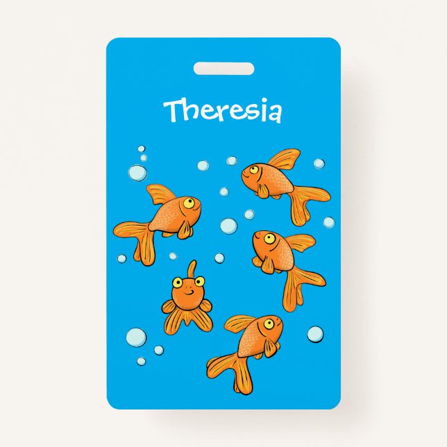 Cute orange goldfish on blue cartoon illustration ID badge (Front)