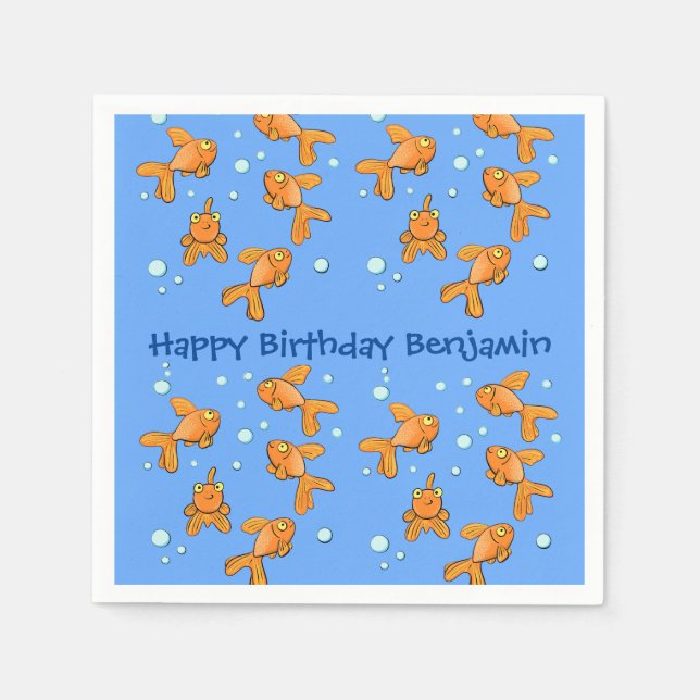 Cute orange goldfish on blue cartoon illustration napkin (Front)