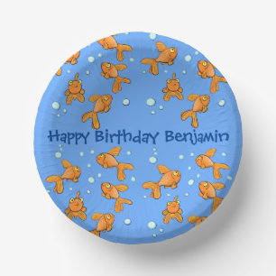 Cute orange goldfish on blue cartoon illustration paper plate