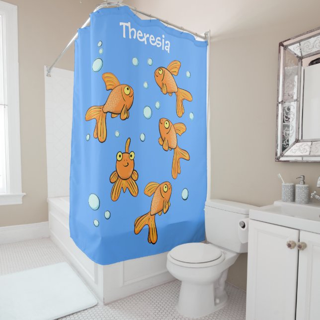 Cute orange goldfish on blue cartoon illustration shower curtain (In Situ)