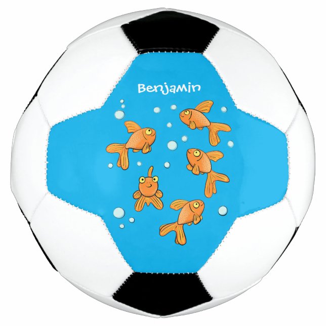 Cute orange goldfish on blue cartoon illustration soccer ball (Front)