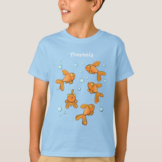 Cute orange goldfish on blue cartoon illustration T-Shirt (Front)