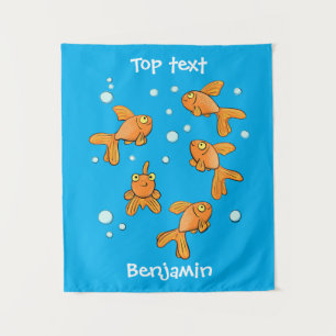 Cute orange goldfish on blue cartoon illustration tapestry
