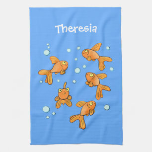 Cute orange goldfish on blue cartoon illustration tea towel