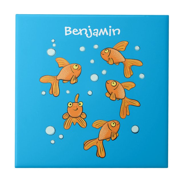 Cute orange goldfish on blue cartoon illustration tile (Front)