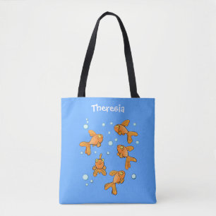 Cute orange goldfish on blue cartoon illustration tote bag