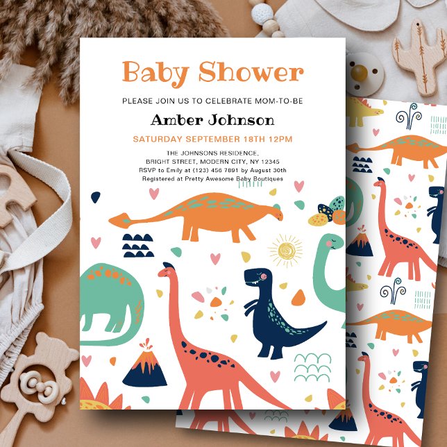 Cute Orange Green Baby Dinosaur Boy Baby Shower Invitation (Creator Uploaded)