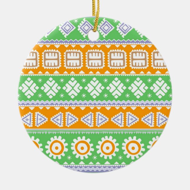 Cute orange green ethnic patterns design ceramic tree decoration (Front)