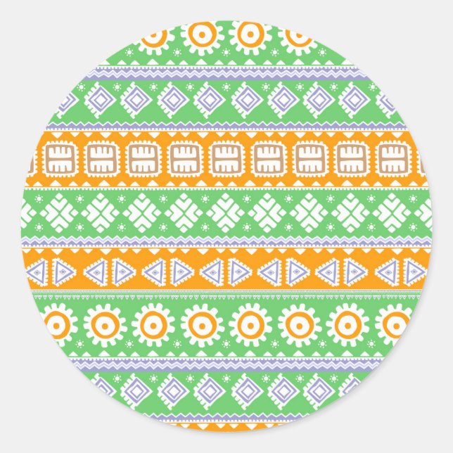 Cute orange green ethnic patterns design classic round sticker (Front)