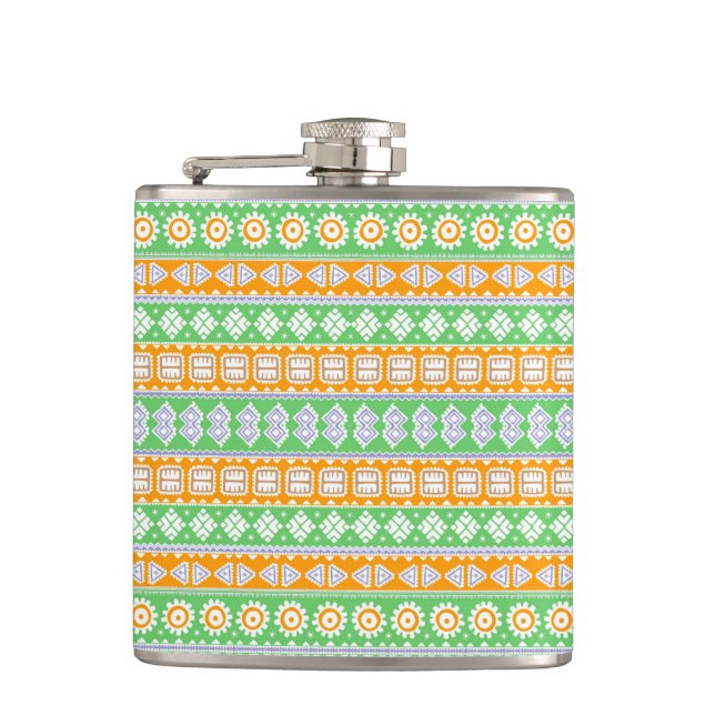 Cute orange green ethnic patterns design hip flask (Front)