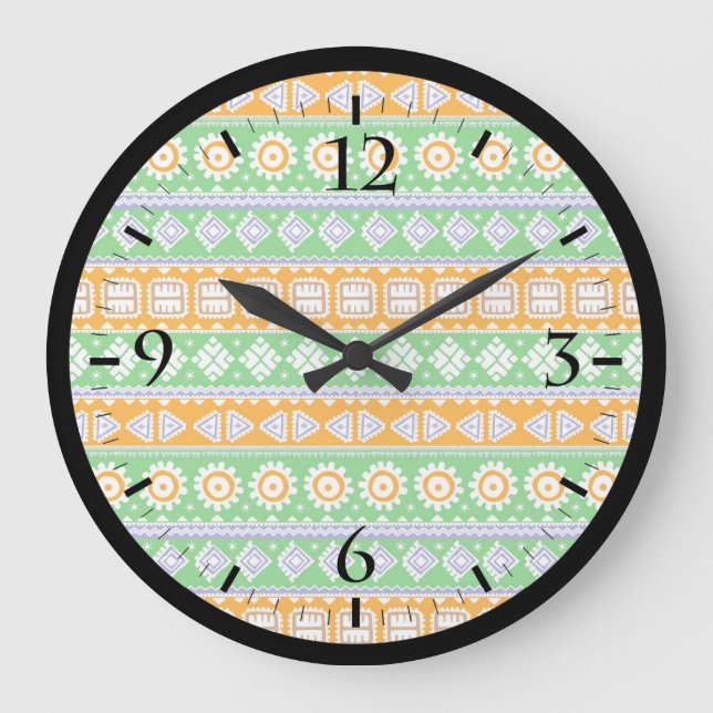 Cute orange green ethnic patterns design large clock (Front)