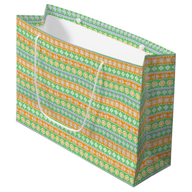 Cute orange green ethnic patterns design large gift bag (Front Angled)