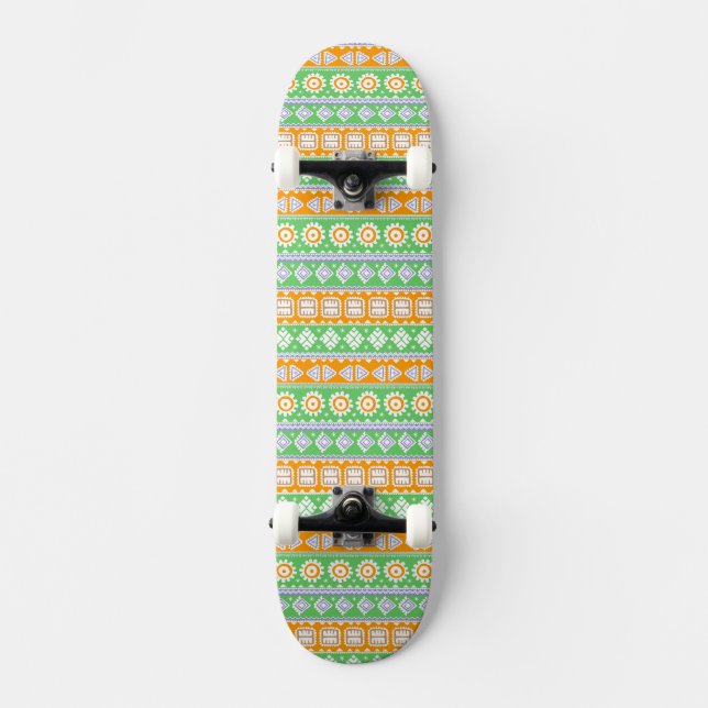 Cute orange green ethnic patterns design skateboard (Front)