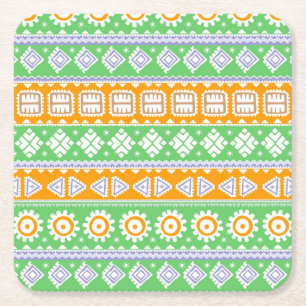 Cute orange green ethnic patterns design square paper coaster