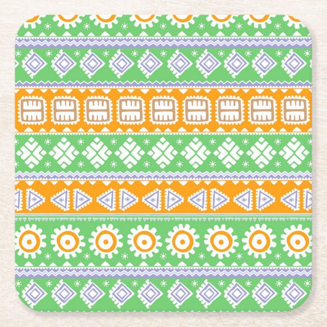 Cute orange green ethnic patterns design square paper coaster (Front)
