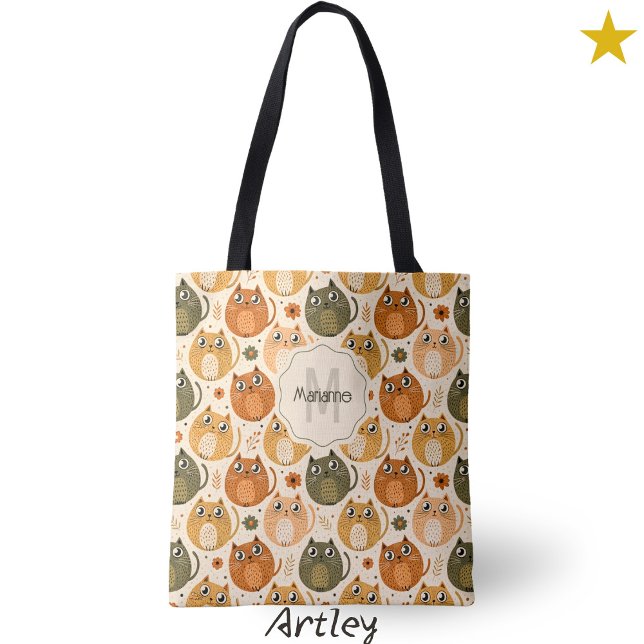 Cute Orange Grey Cat Polka Dot Name Monogram Tote Bag (Creator Uploaded)