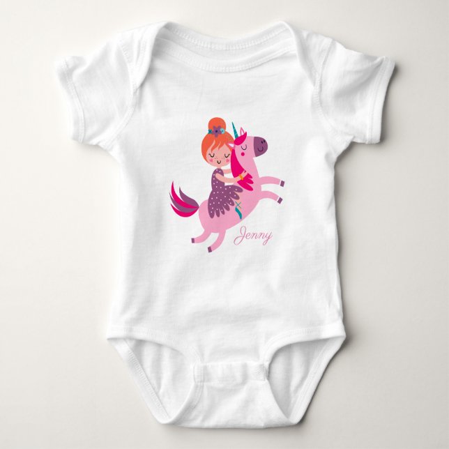 Cute Orange Haired Girl Riding on a Unicorn Baby Bodysuit (Front)