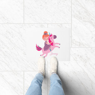 Cute Orange Haired Girl Riding on a Unicorn Doormat