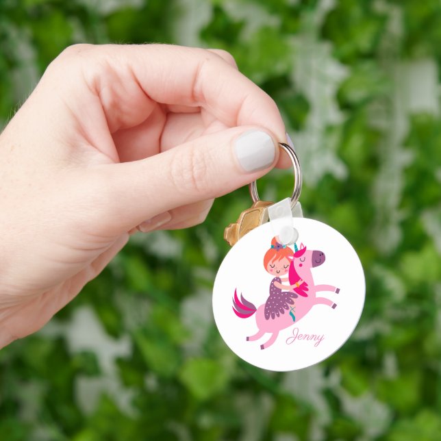 Cute Orange Haired Girl Riding on a Unicorn Key Ring (Hand)