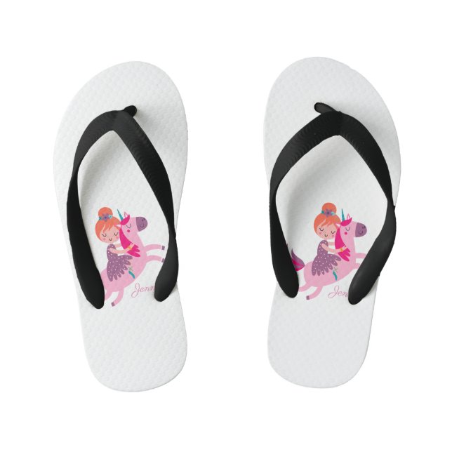 Cute Orange Haired Girl Riding on a Unicorn Kid's Jandals (Footbed)