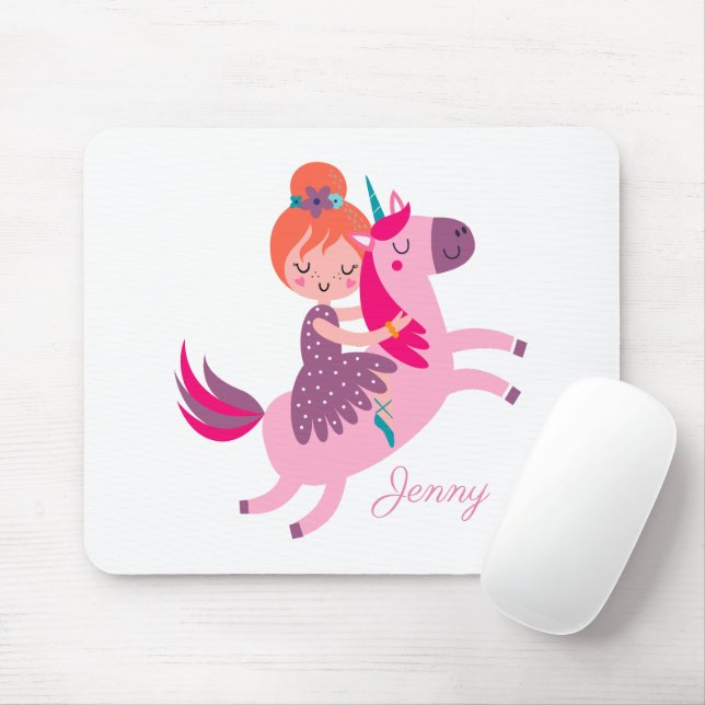 Cute Orange Haired Girl Riding on a Unicorn Mouse Pad (With Mouse)