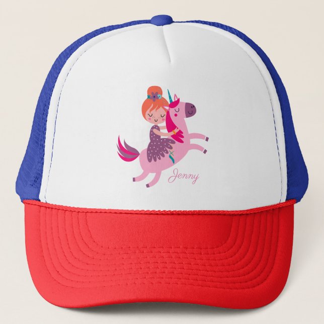 Cute Orange Haired Girl Riding on a Unicorn Trucker Hat (Front)