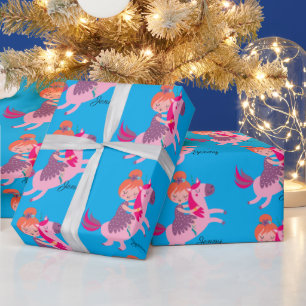 Cute Orange Haired Girl Riding on a Unicorn Wrapping Paper