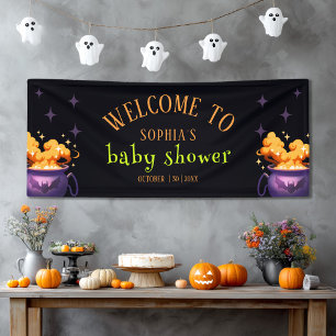 Cute Orange Halloween Cauldron Baby Shower Welcome Banner