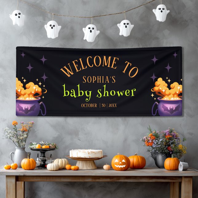 Cute Orange Halloween Cauldron Baby Shower Welcome Banner (Creator Uploaded)