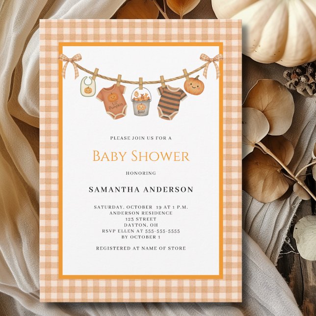 Cute Orange Halloween Clothesline Baby Shower Invitation (Creator Uploaded)