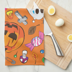 Cute orange Halloween Pumpkin & Candy Tea Towel