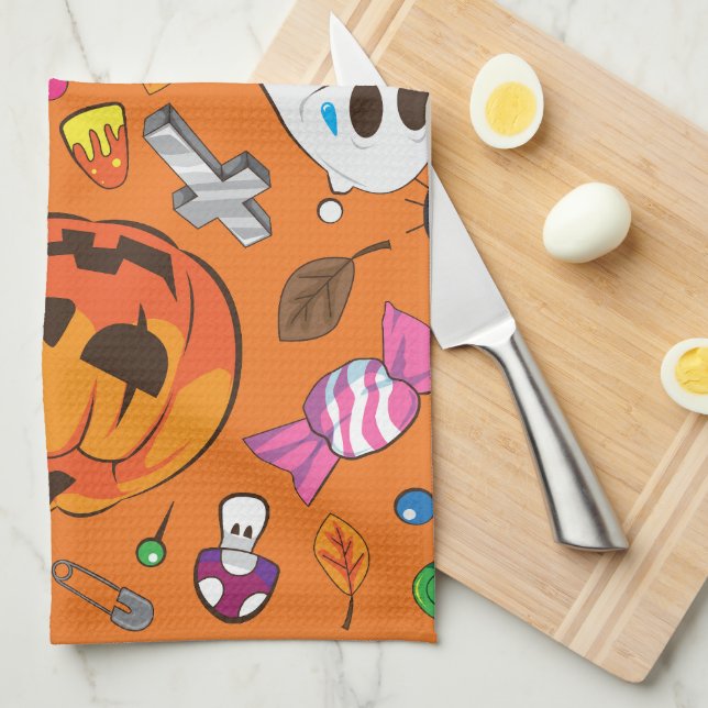 Cute orange Halloween Pumpkin & Candy Tea Towel (Quarter Fold)