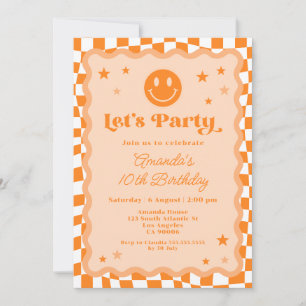 Cute Orange Happy Face Chequered Girl Birthday Invitation